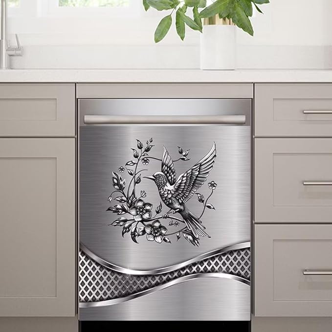 Imitation Stainless Steel Design Bird Pattern Dishwasher Magnet Cover Panel Magnetic Refrigerator Cover Sticker for The Front Door Cover,23W x 26H inchs