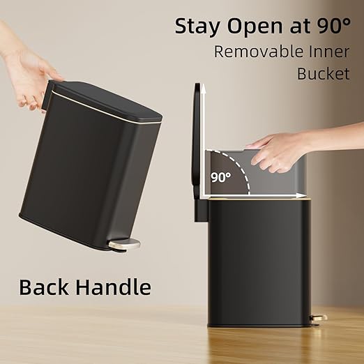 Small Bathroom Trash Can with Lid Soft Close, Step Pedal, 6L / 1.6 Gal Stainless Steel Garbage Bin with Removable Inner Bucket, Slim Wastebasket for Narrow Spaces (Black)