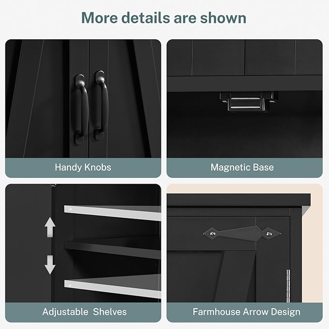 TEENFON Tall Storage Cabinet, Kitchen Cabinet with 4 Shelves, Adjustable Shelves, Pantry Cabinets with 4 Barn Doors, Tall Kitchen Cabinets for Dining Room, Living Room, Black