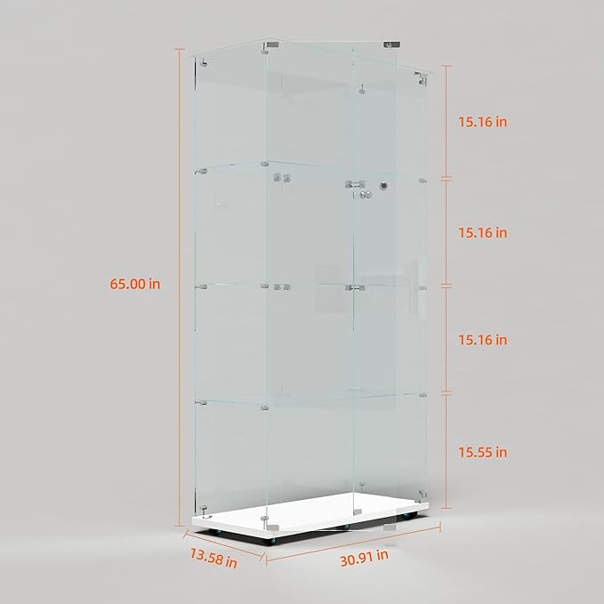 Yoluckea 4 Tiers Glass Display Cabinet with Bluetooth LED Light Strip, 2 Doors Floor Standing Curio Cabinet with Universal Wheel for Home Office Display,White Glass Bookshelf for Collections,Clear Top