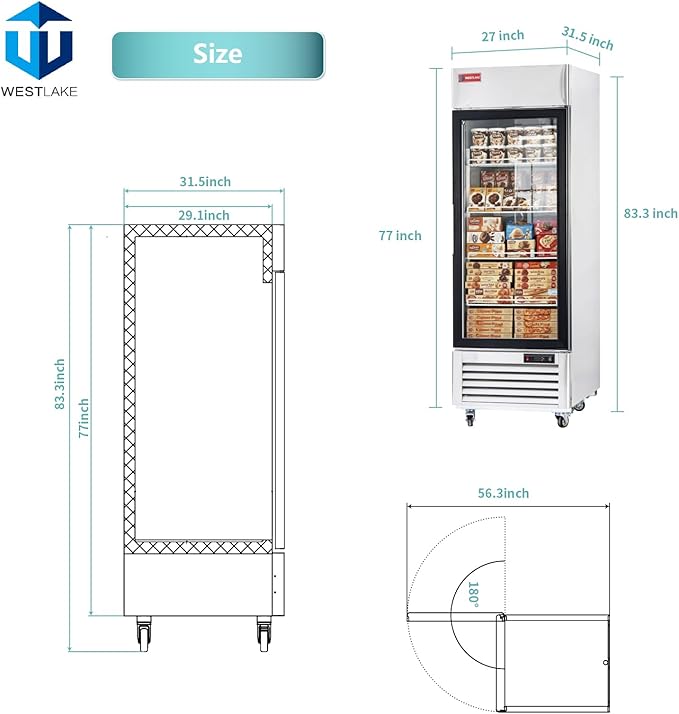 WESTLAKE 27" W Commercial Display Freezer Single Glass door 23 Cu.ft Stainless Steel Merchandiser Reach-in Upriht Fan Cooling Digital Temperature Control Display Freezer for Restaurant, Bar, Shop, etc