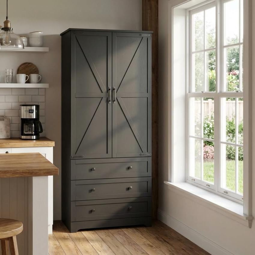 IDEALHOUSE Farmhouse Kitchen Pantry Cabinet - 72" Tall Large Wood Kitchen Storage Cabinets with Adjustable Shelves & 2 Barn Doors & 3 Drawer, Versatile Storage for Dining Room, Bathroom, Living Room