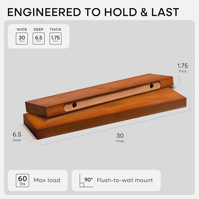 Homeforia Oak Floating Shelves 30 inch Long, High End Solid Real Wood 30inch Floating Shelf for Wall Mounted, Honey Oak Wooden 30in Floating Shelves, Heavy Duty Bracket, 30 X 6.5 X 1.75 in, Set of 2