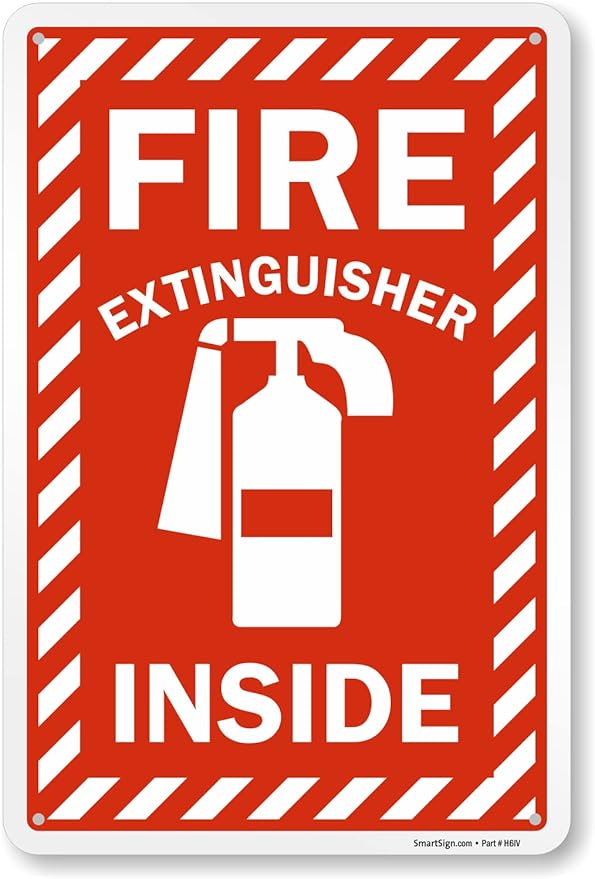 SmartSign 18 x 12 inch “Fire Extinguisher Inside” Sign with Pre-cleared Holes, Digitally Printed, 55 mil HDPE Plastic, Red and white, Made in USA