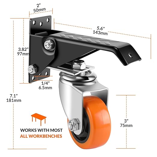 Caster Wheels, 3 Inch Workbench Casters Set of 8 Heavy Duty - 800 Lbs Capacity Retractable Swivel Castors with No Noise Polyurethane Wheels, Easy to Install for Tables Legs, Work Bench & Tool Carts