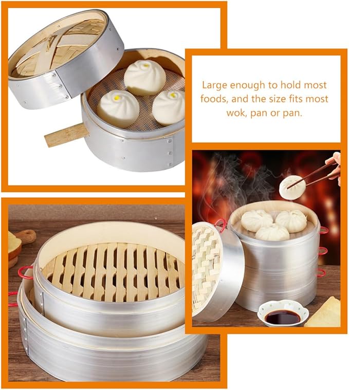 Steamer for Cooking Vegetables and Dumplings 20cm Double Ear with Aluminum Rim and Lid, Food Steamer Basket for Home and Commercial Use