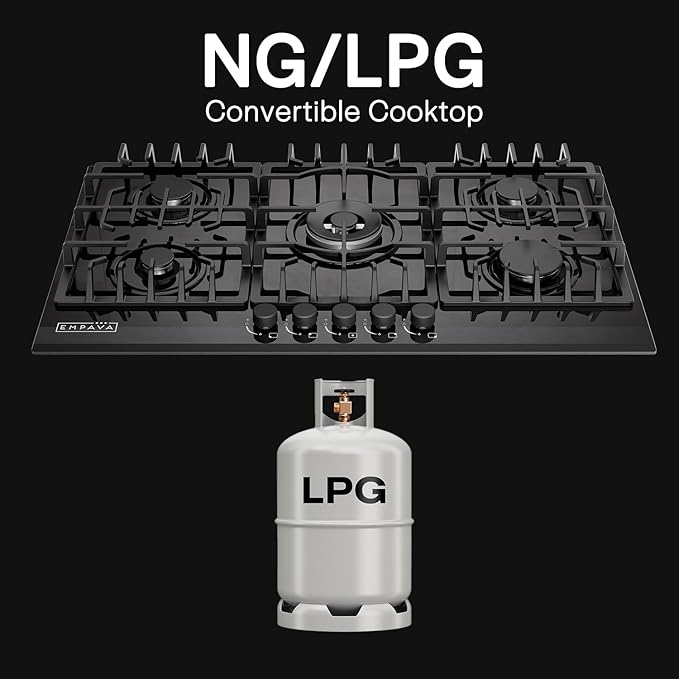 Empava 36 Inch Gas Stove Cooktop 5 Italy Sabaf Sealed Burners NG/LPG Convertible in Black Tempered Glass