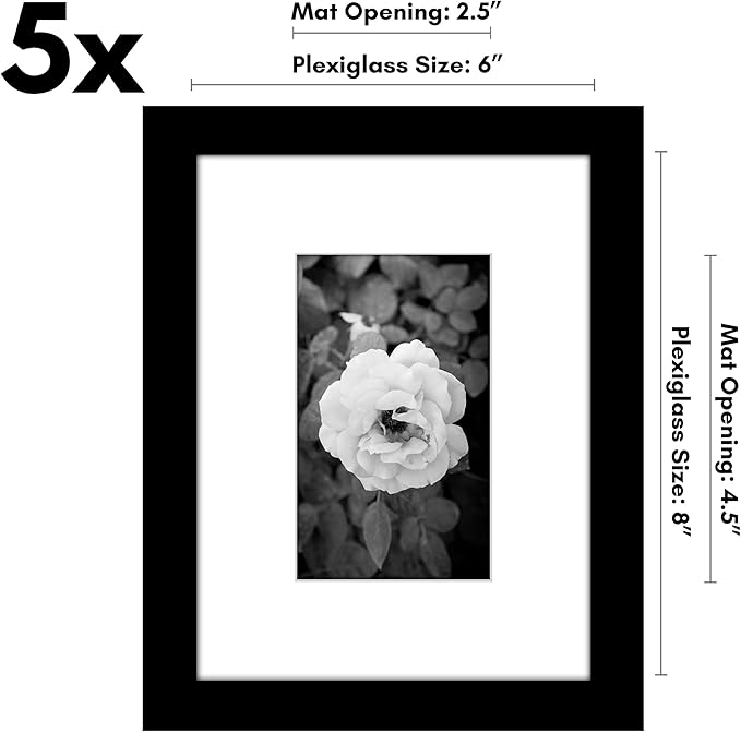Americanflat 6x8 Picture Frame with Polished Plexiglass - Set of 5 - Use as 3x5 Frame with Mat or Display 6x8 Photo Without Mat - Galleria Collection - Picture Frames for Tabletop and Wall - Black