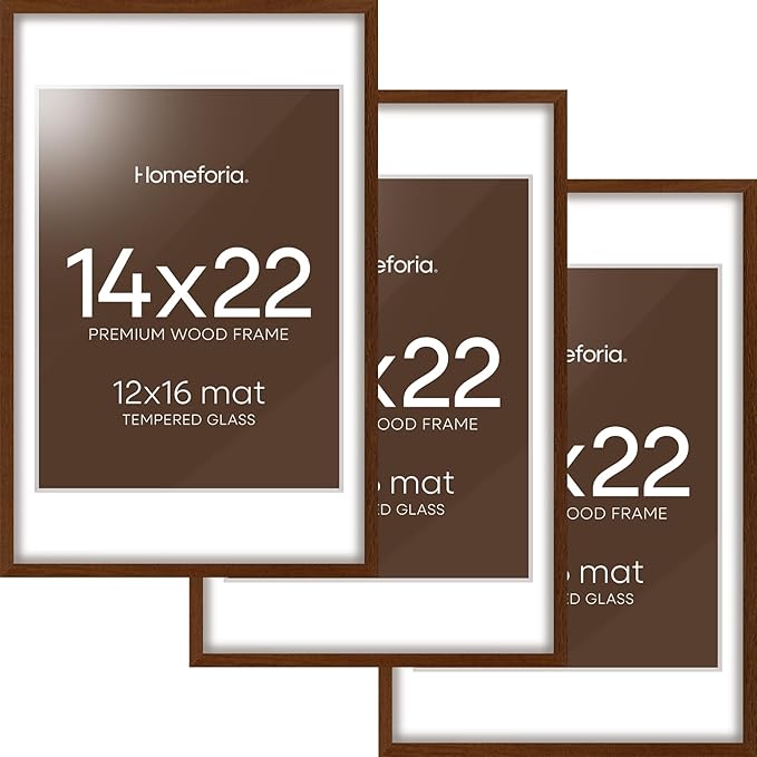 Homeforia 14x22 Picture Frame Brown, High End Dark Oak 14x22 Walnut Wooden Frames with Mat 12x16, 14 x 22 Wood Poster Frame Matted to 12 by 16, 22x14 Hanging Frames, Tempered Glass, Wall Kit, Set of 3