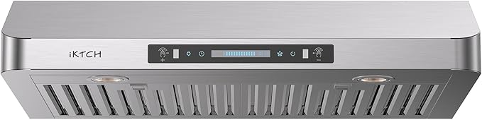 IKTCH Under Cabinet Range Hood 36 Inch,390-CFM Ducted Kitchen Vent Hood with 2 LED Light, 4 Speed Gesture & Touch & Remote Control, Silver Stainless Steel, with 2 Pcs Baffle Filter