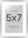 Homeforia 5x7 Picture Frame Silver, High End Metal 5 x 7 Silver Frames with Mat 4 x 6 Print, 5by7 Desk Frame Matted to 4x6 inch Photo, 5 by 7 Wall or Tabletop Frame, Tempered Glass, Wall Kit, Set of 1
