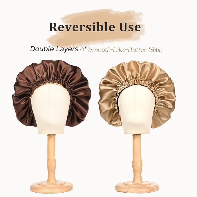 YANIBEST Adjustable Satin Bonnet Double Layer Hair Bonnet for Sleeping Bonnets for Women Hats Curly Natural Hair, Brown