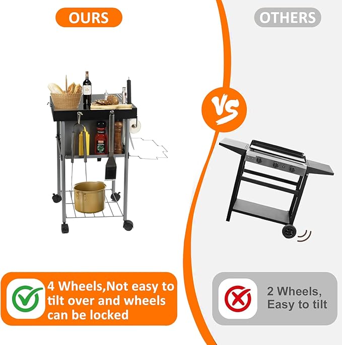Rolling Grill Side Table Cart for 18"/22" Weber Charcoal Kettle Grills - Outdoor Prep Stand with Wheels, Mesh Storage Racks for Backyard BBQ, Camping, Parties