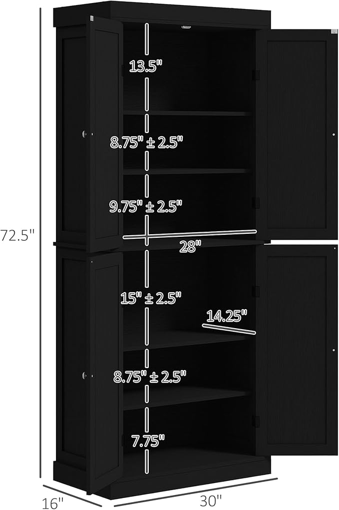 HOMCOM 72.5" Tall Kitchen Pantry Cabinet, Freestanding Modern Farmhouse Kitchen Storage Cabinet with 4 Doors and 2 Adjustable Shelves for Dining Room, Black Wood Grain