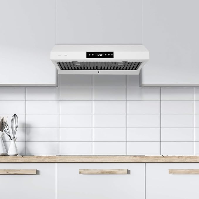 Hauslane Range Hood 30 Inch - Under Cabinet Range Hood 30" Matte White Kitchen Hood, Vent Hood 30 Inches, Stove Vent Hood for Kitchen, Vent Hoods 30 Inch with LED - Chef Series PS18