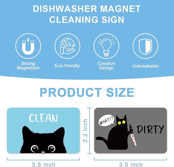 Funny Black Cat Cartoon Clean Dirty Dishwasher Magnet, Washing Machine Magnets Flip, Cute Cat Refrigerator Clean Dirty Sign, Double Sided Reversible Non Scratch Dish Washer Magnet Sign (Blue&Gray)