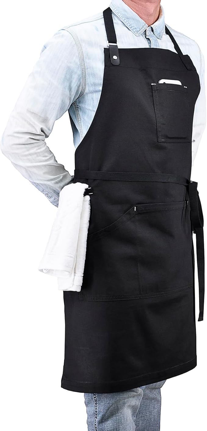Apron with Pockets, Mens Womens Chef Bib Apron for Kitchen Cooking Grill BBQ Baking Server with Towel Loop