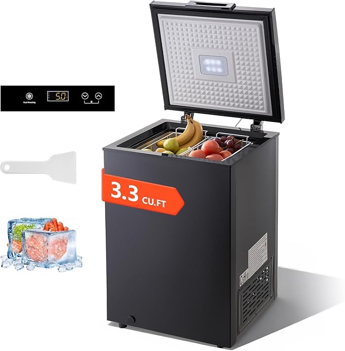 VEVOR Chest Freezer, 3.3 Cu.ft Compact Deep Freezer, Free Standing Top Open Door Chest Freezers with 2 Removable Baskets & Adjustable Thermostat - Energy Saving, Low Noise & Garage Ready, Black