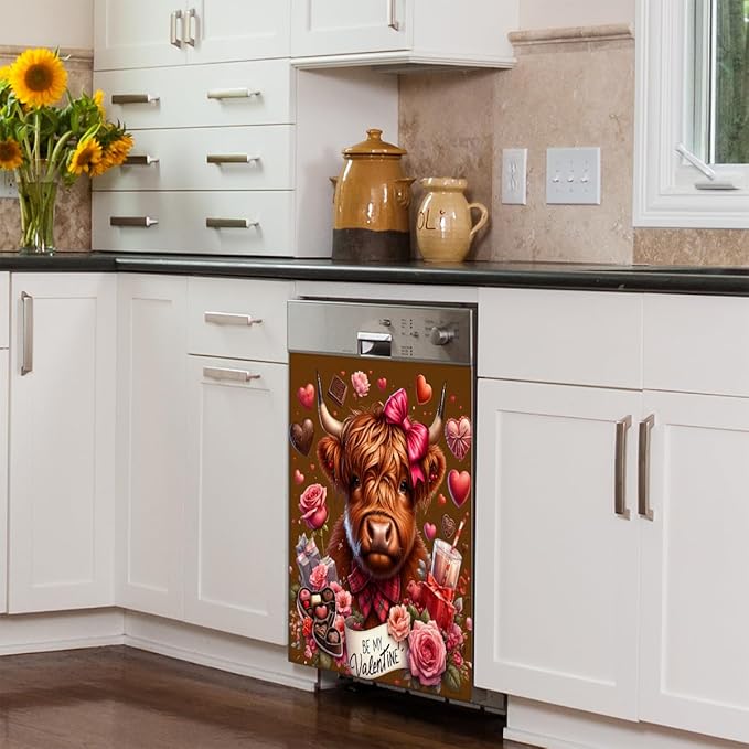 Valentines Alpine Cattle Dishwasher Magnet Cover Front Dishwasher Cover Decor Reusable Magnetic Door Cover Panel Decal Home Appliances Stickers Kitchen Refrigerator Fridge 23"x26"