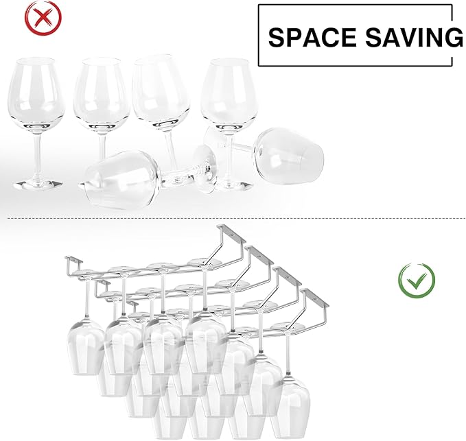 14-Inch Under Cabinet Wine Glass Holder - Metal Stemware Hanger, Single Rail Wine Glass Hanging Rack for Kitchen Bar - Set of 4