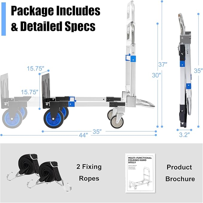 3 in 1 Folding Hand Truck Dolly Cart, Heavy-Duty Foldable and Convertible Design, Lightweight Portable Utility Cart with Rubber Wheels and Telescoping Handle for Moving, 500 lbs Capacity (Blue)