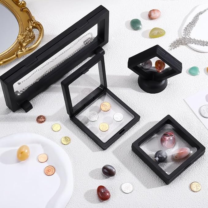 30 Pack 3D Floating Display Stand Floating Frame Display Case Coin Display Holder with Base Transparent PE Jewelry Storage Box Black Freeze Seal Frame for Jewelry,Specimen,Medallions(Black)