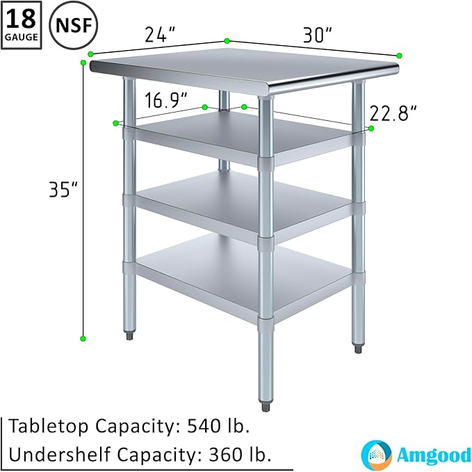 30 in. x 24 in. Stainless Steel Work Table with Three Bottom Shelves | NSF Kitchen Prep Table | Utitly Metal Table