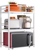 DOLALIKE Microwave Oven Rack, Expandable Microwave Stand Countertop Kitchen Utensils Tableware Storage, Carbon Steel Over Microwave Shelf Countertop 3 Tier with 3 Hooks