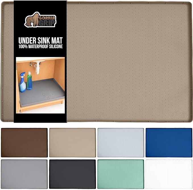 GORILLA GRIP Waterproof Silicone Under Sink Mat with Raised Lip for Kitchen and Bathroom, Cabinet Shelf Liner Stay in Place Mats Dishwasher Safe Drawer Liner, Organizer Tray, 19 x 22 in, Beige