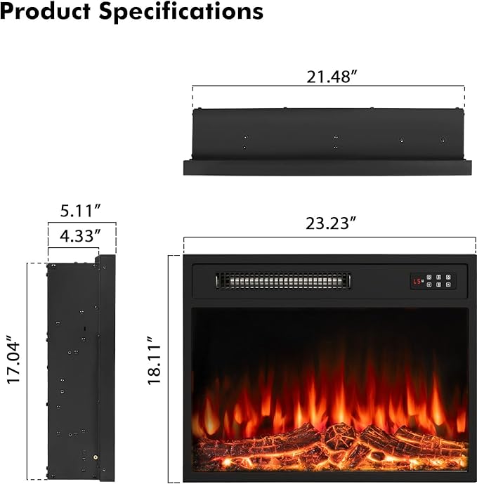 BOSSIN 23 inch Electric Fireplace Insert with Stove Heater for TV Stand,LED Realistic Flame,Recessed Mounted Fireplace Heater with Remote Control,Fireplace with Adjustable Flame, Timer 750/1500W