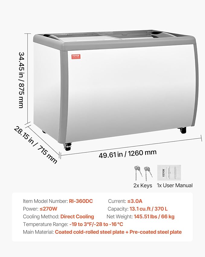 VEVOR Commercial Ice Cream Display Case, 13.1 Cu.ft Chest Freezer, Restaurant Gelato Dipping Cabinet Top Deep Freezer with Locking Casters, Sliding Glass Door, LED Lighting, Hold 8 Ice Cream Tubs