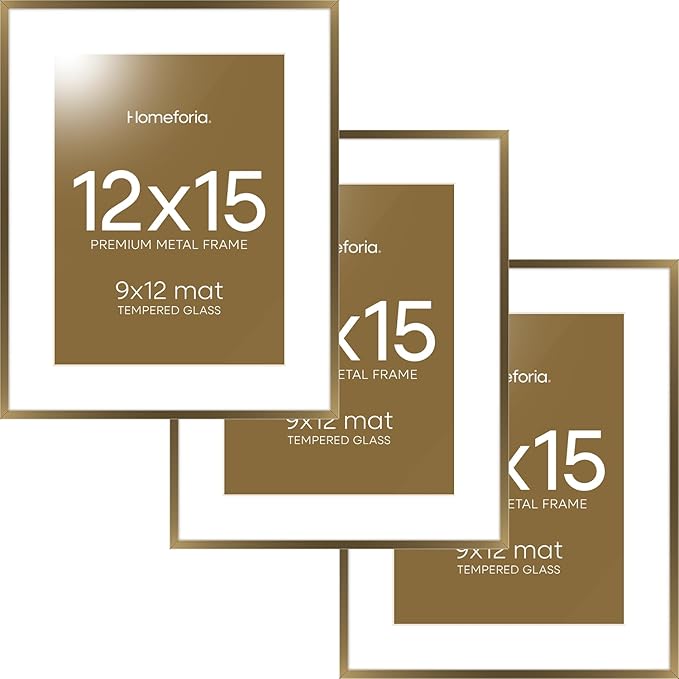 Homeforia 12x15 Picture Frame Bronze, High End Metal 12x15 Brass Poster Frames with Mat 9x12 Photo, 12 x 15 Bronze Frame Matted to 9 by 12 Print, 15by12 Thin Frames, Tempered Glass, Wall Kit, Set of 3