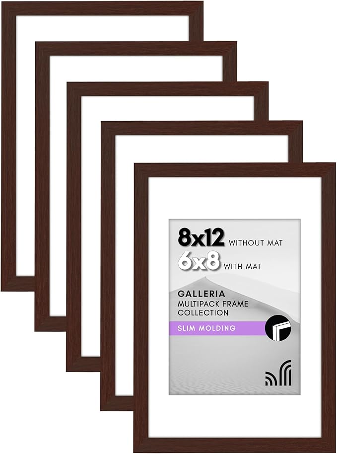 Americanflat 8x12 Picture Frame with Polished Plexiglass - Set of 5 - Use as 6x8 Frame with Mat or Display 8x12 Photo Without Mat - Galleria Collection - Picture Frames for Wall Display - Mahogany