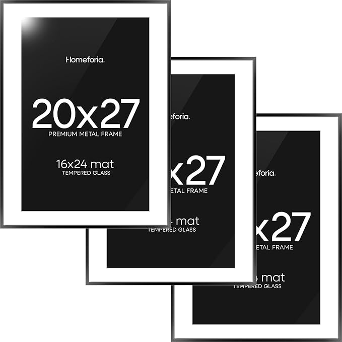 Homeforia 20x27 Picture Frame Black, High End Metal 20x27 Poster Frames with Mat 16x24 for Photo, 20 x 27 Black Frame Matted to 16 x 24 inch Print, 27x20 Thin Frame, Tempered Glass, Wall Kit, Set of 3