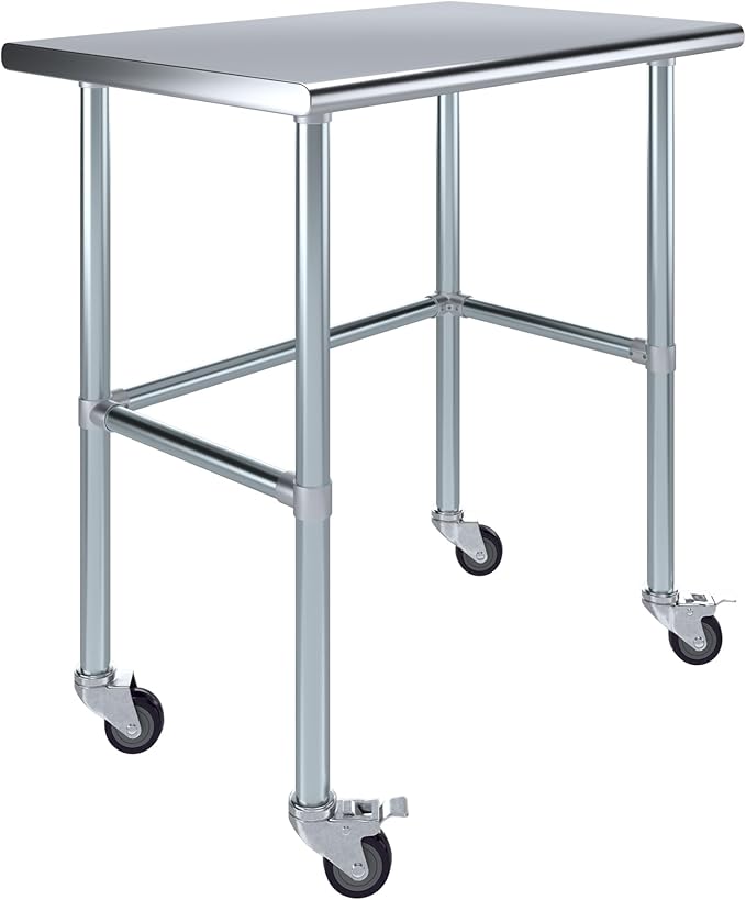 Stainless Steel Work Table Open Base & Wheels | Work Station | Metal Work Bench (Stainless Steel Work Table Open Base + Casters) (36" Long x 24" Deep)