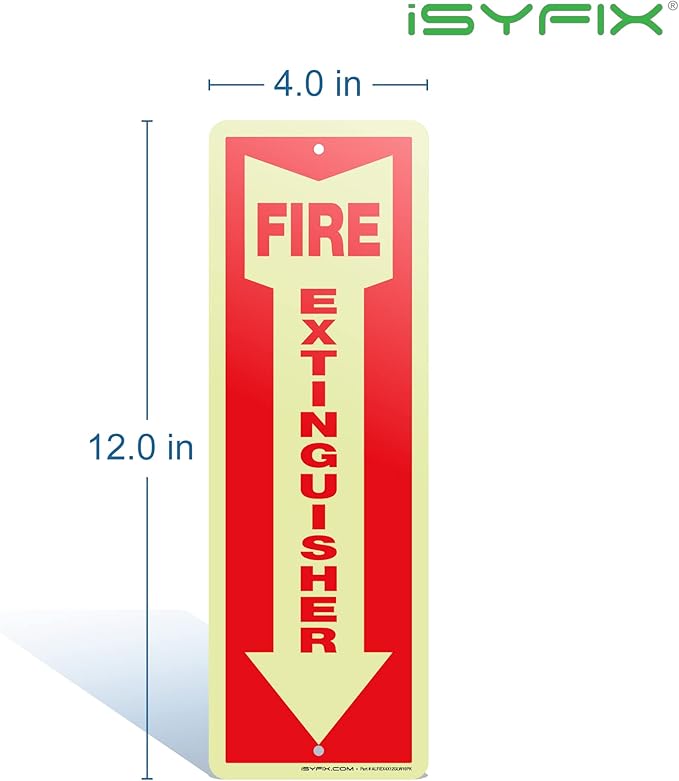 iSYFIX Fire Extinguisher Glow in the Dark Aluminum Signs – 10 Pack 4x12 Inch – Photoluminescent, Laminated for Ultimate UV and Fade Resistance, Indoor and Outdoor, for Business, Schools, Hospitals,
