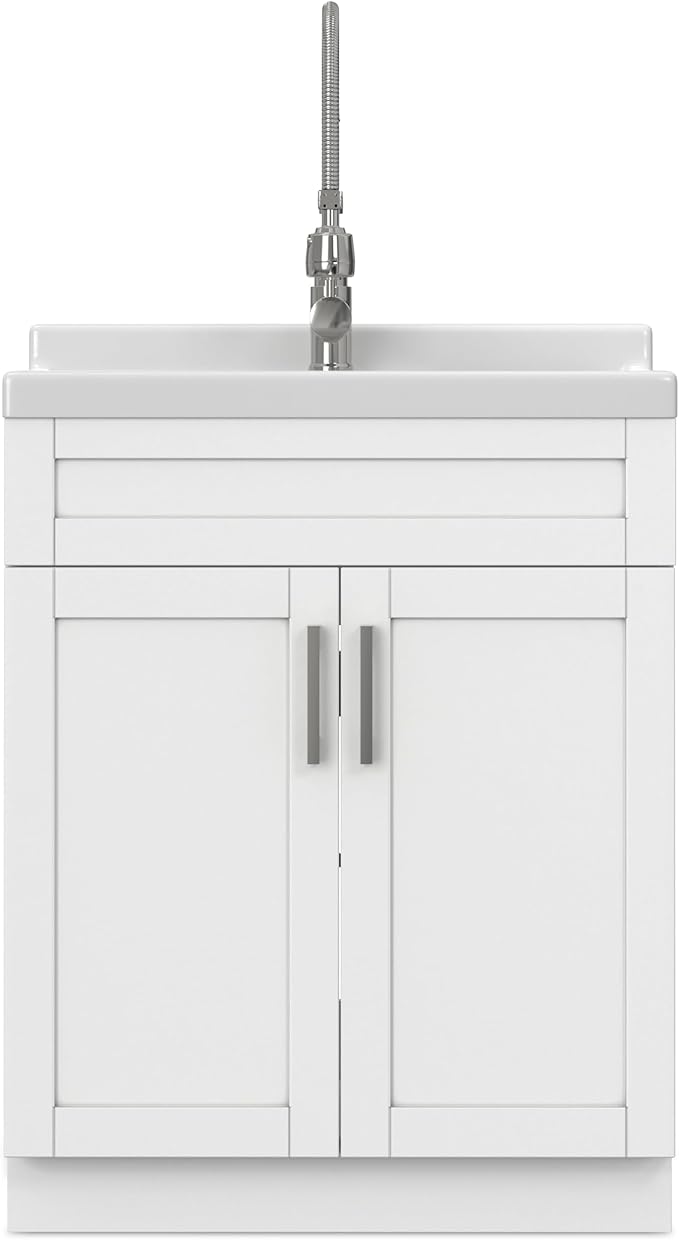 SIMPLIHOME Hennessy All-in-One 28 inch Wide Utility Sink and Laundry Cabinet in Pure White Finish, Transitional ABS Sink Cabinet for Laundry Rooms with High-Arch Chrome Faucet and Pull-Out Spray