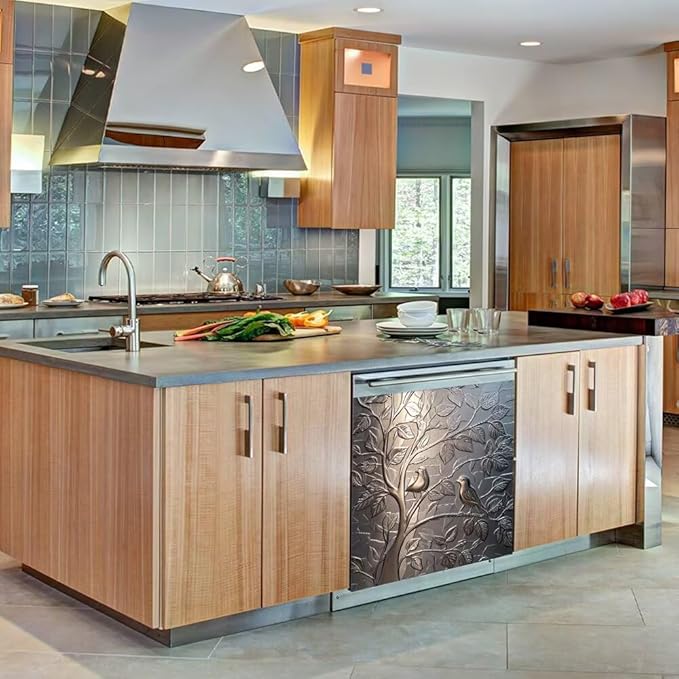 Stainless Steel Bird Dishwasher Magnet Cover - Kitchen Decorative Silver Dishwasher Cover Fridge Panel Decal, Magnetic Refrigerator Sticker Front Door Decals, Magnetic 23"X26"