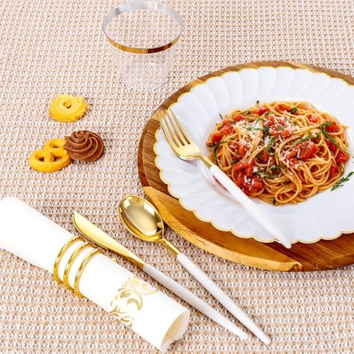 Ciaell 175 Piece White and Gold Plastic Plates for Weddings Parties