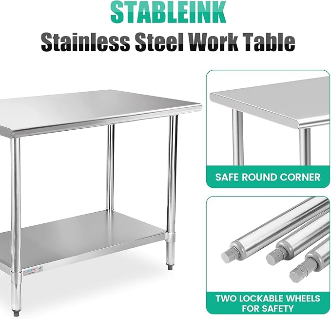 STABLEINK NSF Stainless Steel Prep Table 36 x 30 inches 3ft, Metal Work Table with Adjustable Undershelf, for Commercial Kitchen, Restaurant, Hotel and Garage
