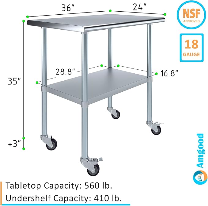 AmGood 36" Long x 24" Deep Stainless Steel Table with Casters