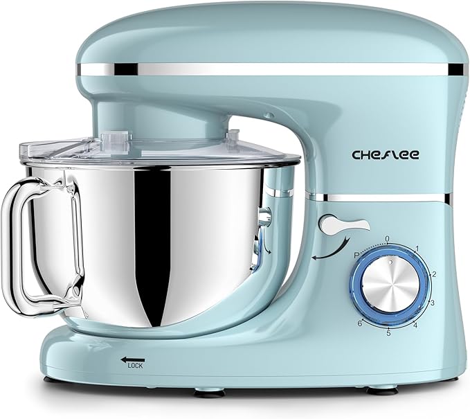 CHeflee Stand Mixer,660W 6+P With 6.5QT Stainless Steel Bowl,Dough Hook, Wire Whip & Beater,for Most Home Cooks (Blue)