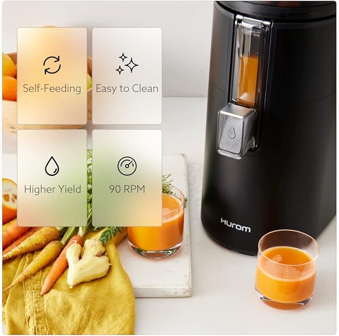 Hurom H400 Renewed Easy Clean Slow Juicer, Matte Black | Hands-Free | Hopper Fits Whole Produce | Quiet Motor | Scrub Free Cleaning | BPA Free | Easy Assembly | Cold Press Masticating Juicer
