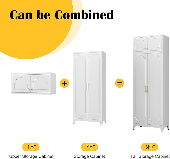 Metal Storage Cabinet and Wall Upper Storage Cabinet,90Inch White Kitchen Pantry Cabinets with 4 Adjustable Shelves,Tall Food Cupboards for Living Room, Dining Room Office