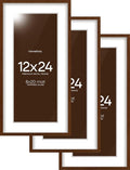Homeforia 12x24 Picture Frame Brown, High End Dark Oak 12x24 Walnut Wood Poster Frame with Mat 8x20 Print, 12 x 24 Wooden Frame Matted to 8 x 20 Photo, 24x12 Frames, Tempered Glass, Wall Kit, Set of 3