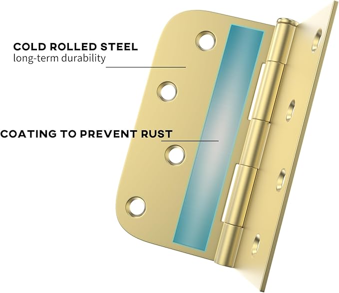 goldenwarm Pack of 3 4in Door Hinges Brushed Brass Gold Door Hinges Butt Hinges with Square & Round Corners, Interior Door Hardware