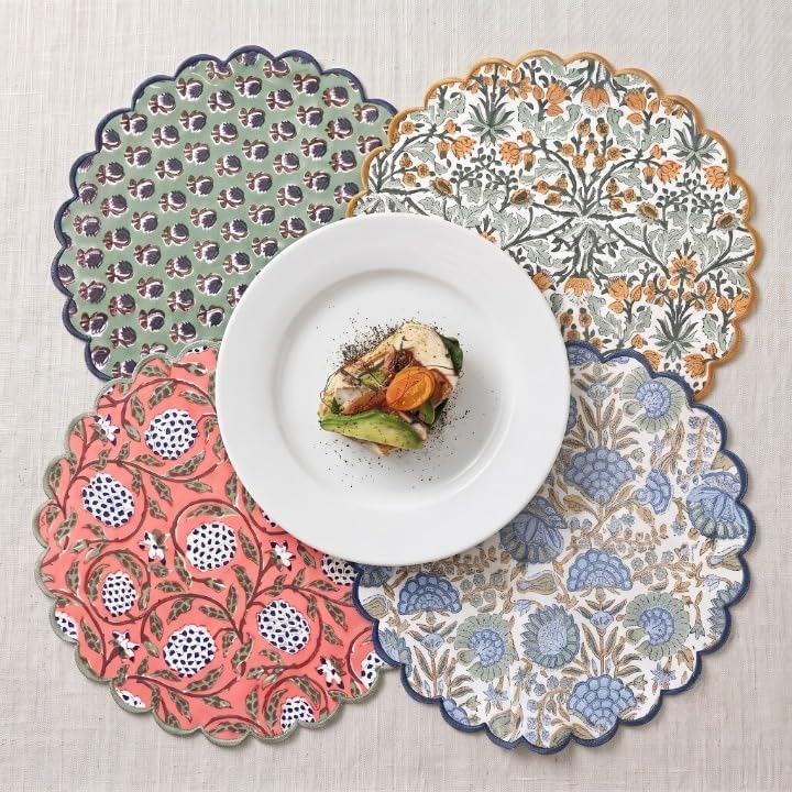Ridhi Floral Block Print Round Placemats 15 Inch, Set of 4, Assorted Design