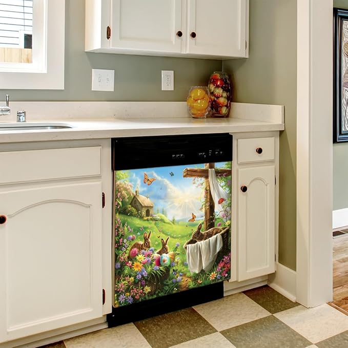 Easter Bunny Cross Meadow Sun Dishwasher Magnet Cover, Reusable Refrigerator Panel Stickers Microwave Front Door Covers Magnets for Kitchen Home Appliances Holiday Party Decorations 23 X 26 in