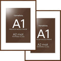 Homeforia A1 Poster Frame Brown, High End Dark Oak 23.4 x 33.1 Wooden Picture Frames Matted to 16.5 by 23.4 Photo, A1 Walnut Wood Frame with Mat A2, 23.4x33.1 Frame, Tempered Glass, Wall Kit, Set of 2