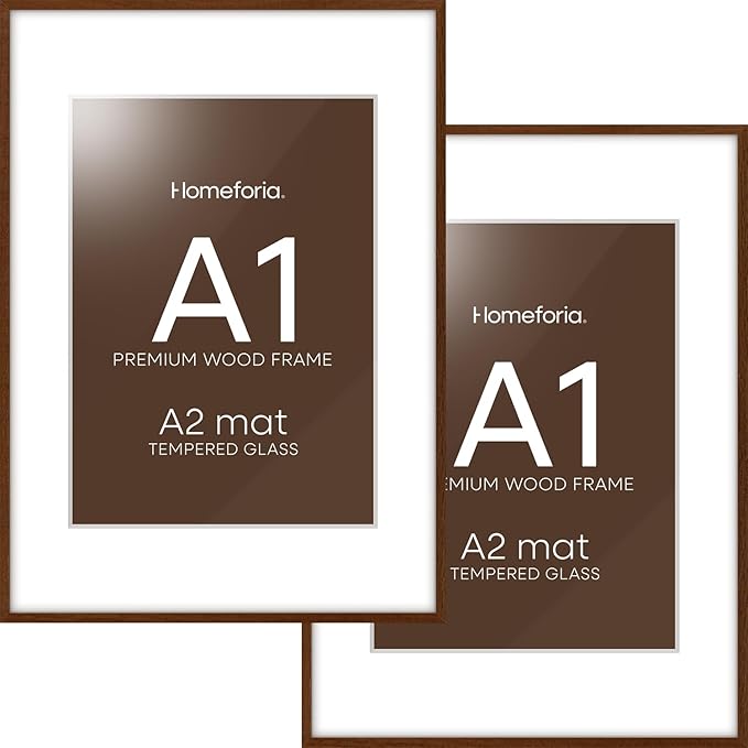 Homeforia A1 Poster Frame Brown, High End Dark Oak 23.4 x 33.1 Wooden Picture Frames Matted to 16.5 by 23.4 Photo, A1 Walnut Wood Frame with Mat A2, 23.4x33.1 Frame, Tempered Glass, Wall Kit, Set of 2